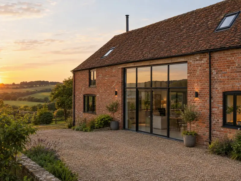 Converted red-brick barn with a full-height glazed opening and gravel courtyard at sunset