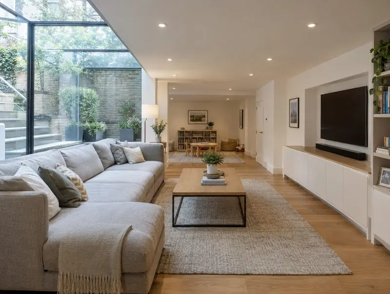 Basement family room with a glass-walled lightwell bringing daylight down
