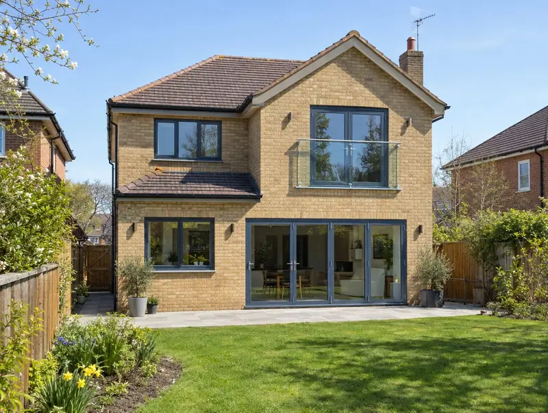 Double-storey rear extension in buff brick with a glass Juliet balcony and wide glazed doors