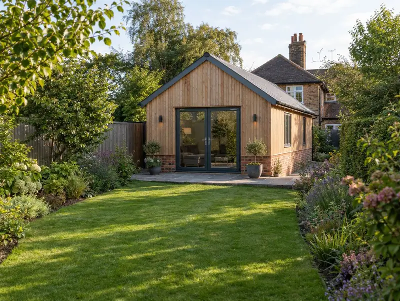 Timber-clad single-storey garden annexe with glazed doors at the end of a lawn