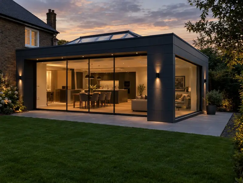 Contemporary extension with full-height glass walls and dark cladding lit up at dusk