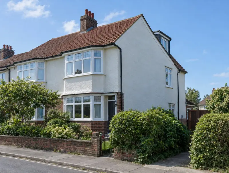 Semi-detached house with a rendered gable end and new clay roof tiles after a hip-to-gable conversion