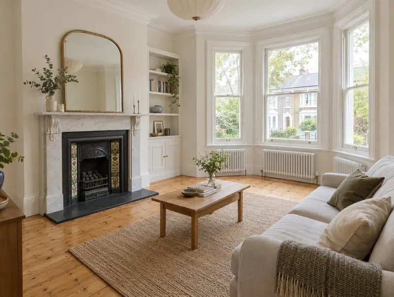 Renovated Victorian living room with a restored fireplace, sash windows and pine floorboards
