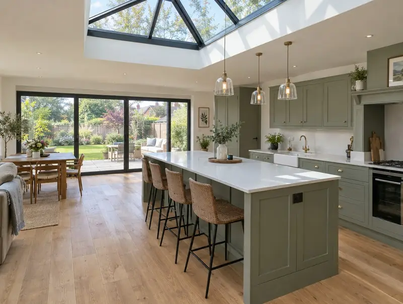 Open-plan kitchen extension with a sage green island, roof lantern and sliding doors to the garden