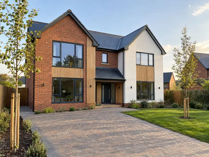 Newly completed contemporary detached house in brick, render and timber cladding