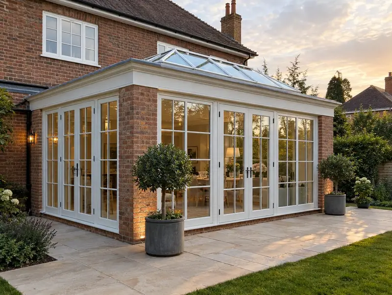 Brick orangery with white French doors, glazed panels and a central roof lantern at sunset