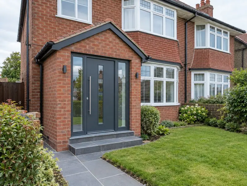 New brick porch with a tiled roof and anthracite composite front door on a 1930s semi