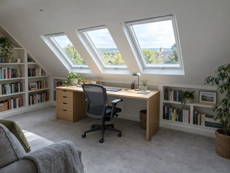 Loft room used as a study with three roof windows above a desk and built-in shelving