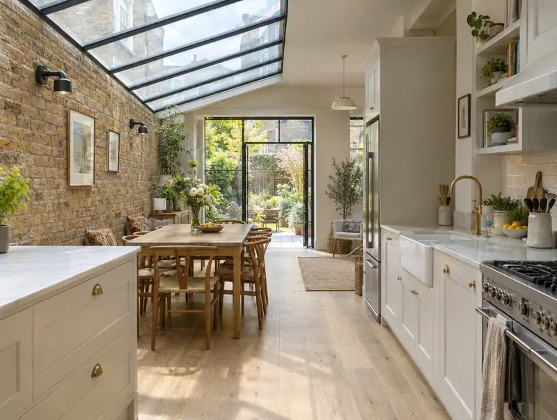 Kitchen-diner in a Victorian terrace with a long sloping glass roof along the side return