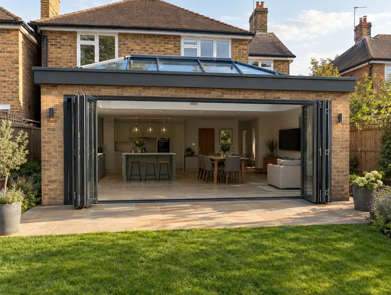 Single-storey rear extension with bifold doors open onto a patio and a glass roof lantern